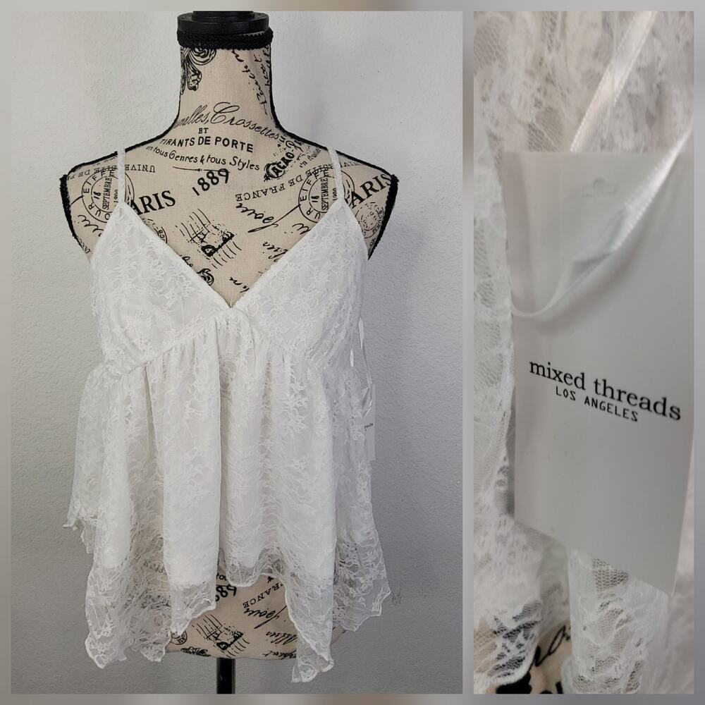 Mixed Threads Lace Babydoll Cami Top Sz M White Handkerchief Fairy Ethereal Airy